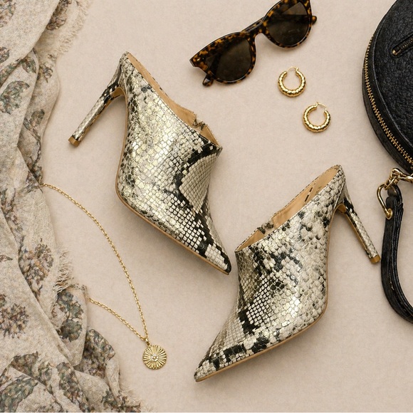 Express Shoes - Express Metallic Snakeskin Pointed-Toe High Heel Mules